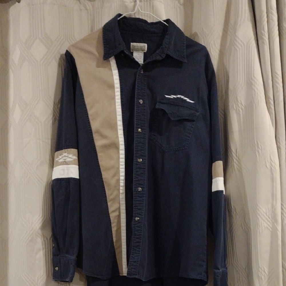 Vintage Express Rider Men's Blue and Beige Casual Button-Down Shirt XL